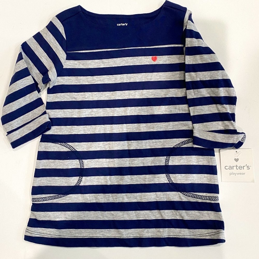 Carter's NWT, girl's 2T, navy and grey striped dress 100% cotton, pink heart.